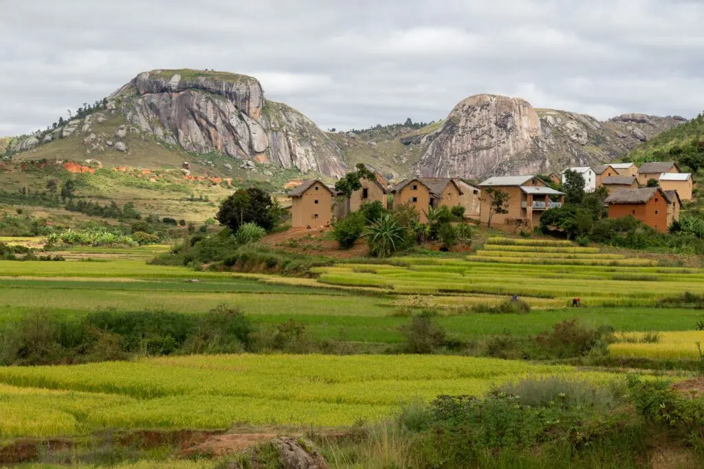 village with traditional houses and rice paddies in Madagascar