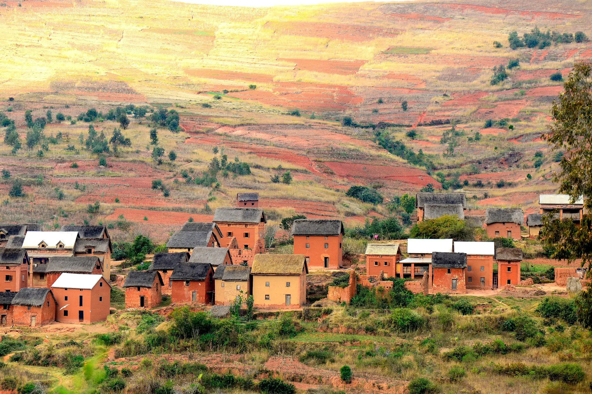 traditional village houses on terraced hills in Madagascar